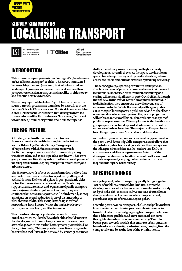 survey summary front cover - localising transport - Urban Age, LSE Cities