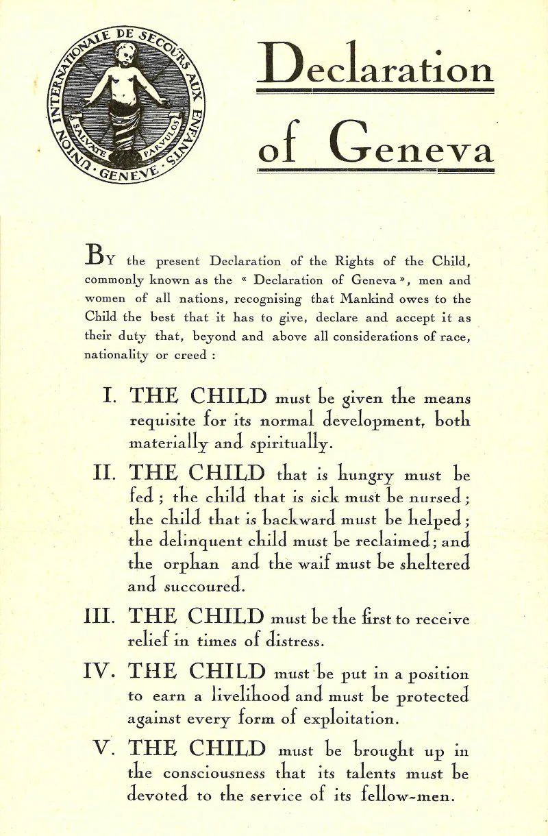 The Declaration of Geneva includes 5 points listing out the rights of children