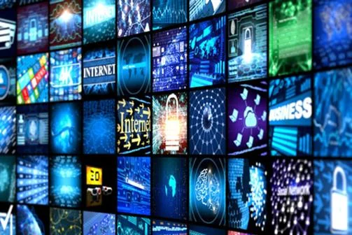 Wall of TV screens curving away