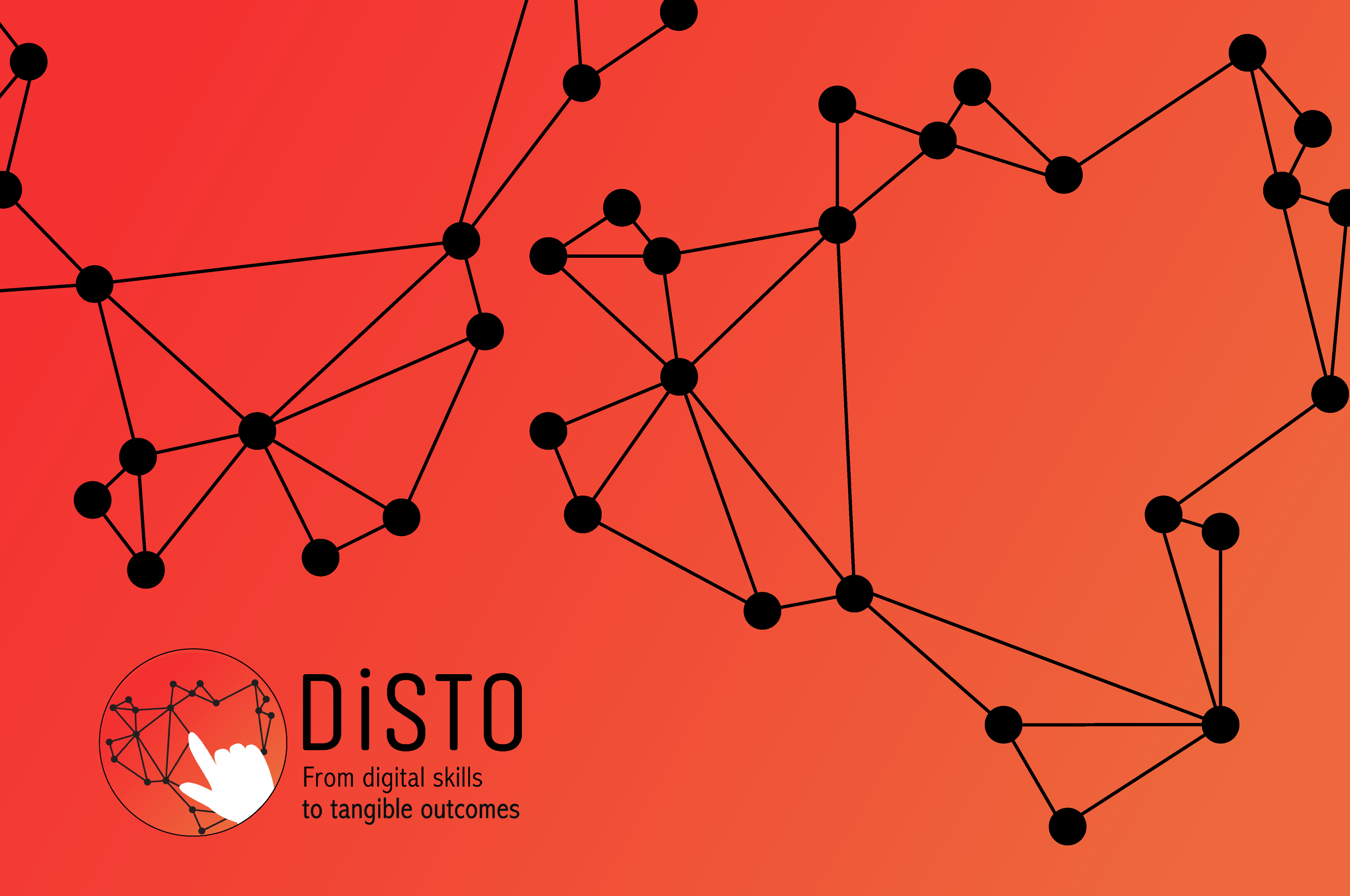 Disto logo, orange background with black nodes linked together by lines