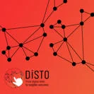 Disto logo, orange background with black nodes linked together by lines
