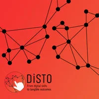 Disto logo, orange background with black nodes linked together by lines