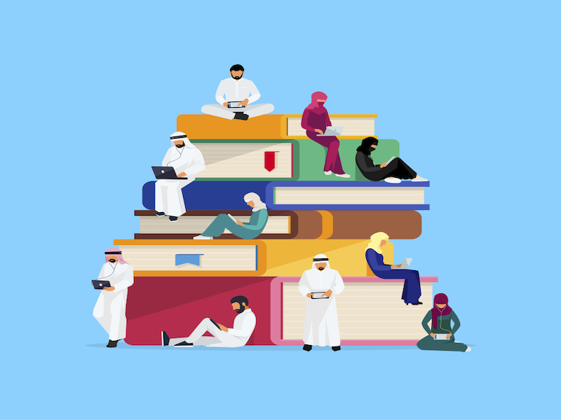 cartoon of stacked, oversized books and people lounging on them. 