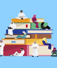 cartoon of stacked, oversized books and people lounging on them.