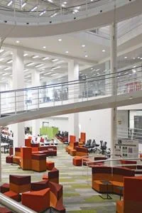 The stairs in the Library from the ground floor going upwards.