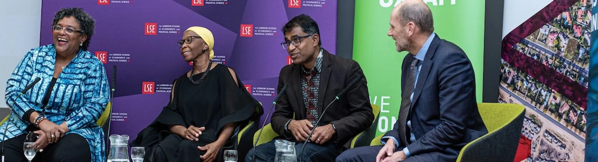 Mia Mottley with the panel and chair as she delivers a public lecture at LSE