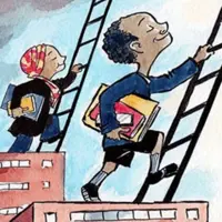 cartoon of two people each climbing up a ladder towards the sky