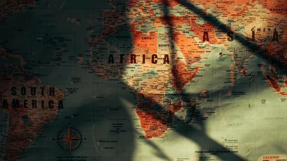 A map in half shadow depicting Africa, South America and Asia