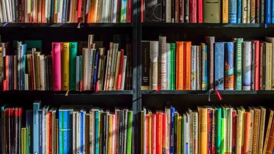 Colourful books on a book shelf