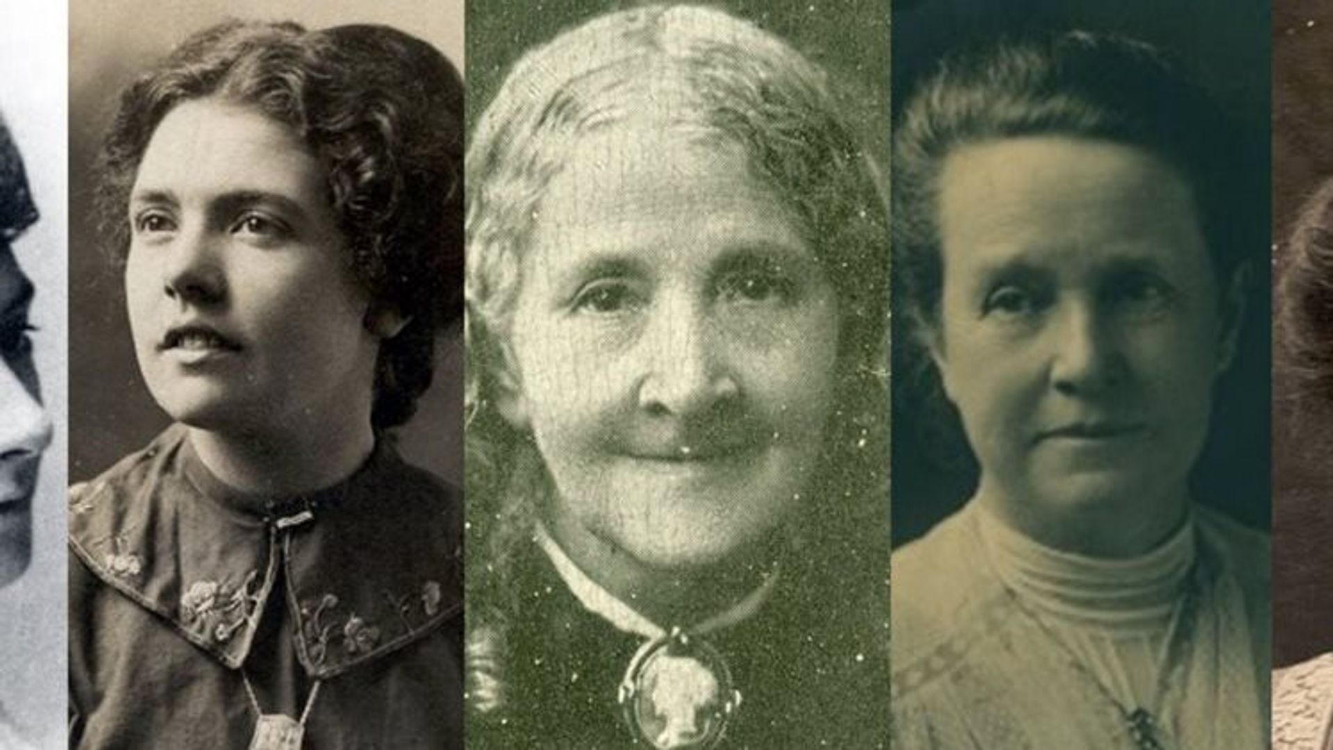 A collage of portrait images of five famous suffrage campaigners.