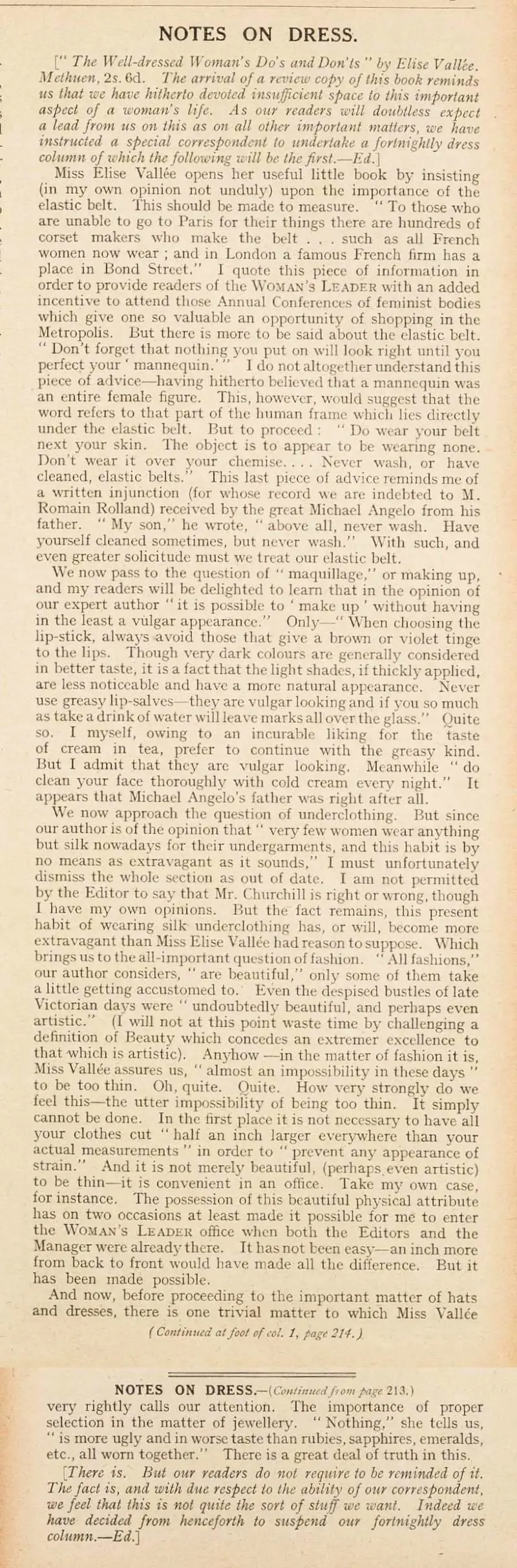 An article on dress from the Woman's Leader
