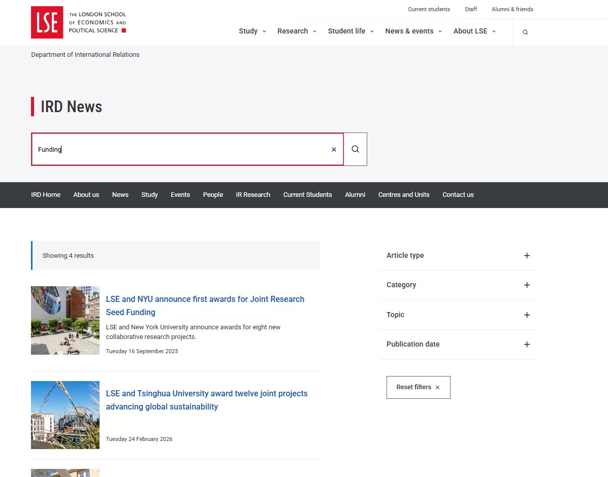 Decorative image: International Relations news search results page demonstrating search and filtering.