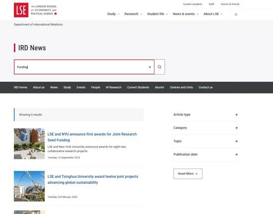 Decorative image: International Relations news search results page demonstrating search and filtering.
