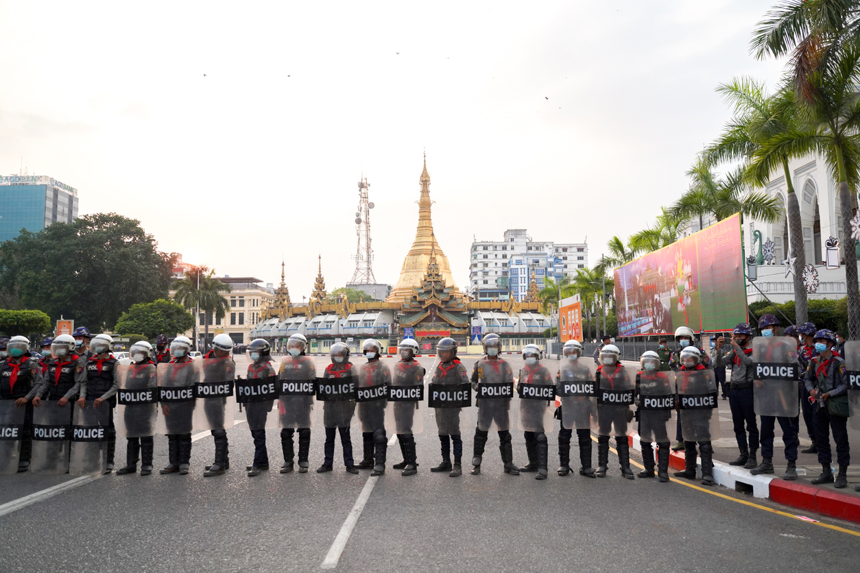 Police lining the street during the 6 February 2021 coup in Myanmar.