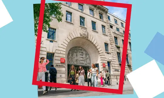 People walking outside the Old Building entrance, LSE Campus