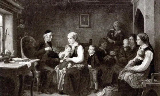 Engraving of a doctor vaccinating a child in a family home