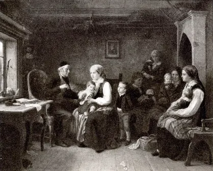 Engraving of a doctor vaccinating a child in a family home