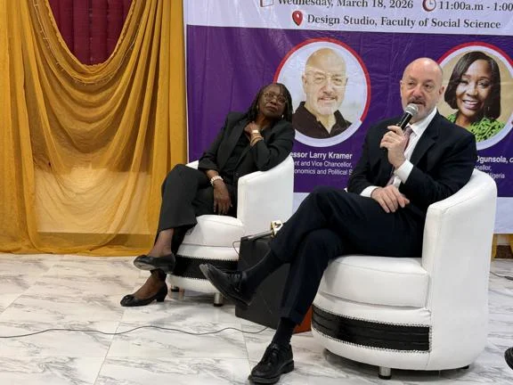 Larry Kramer speaks during an in-conversation event with the Vice-Chancellor of the University of Lagos