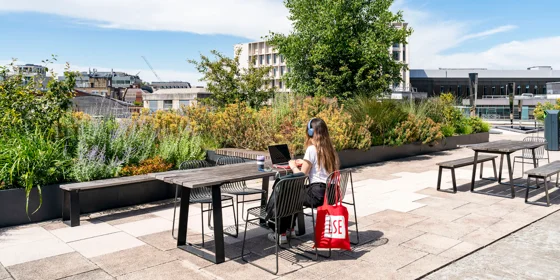 Decorative image: Student using a laptop in an outdoor campus space