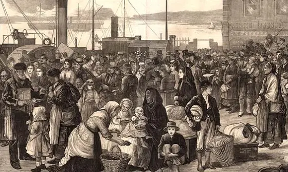 19th century engraving showing a crowd of families on a dockside waiting to embark on a passage to America