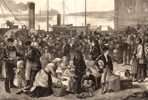 19th century engraving showing a crowd of families on a dockside waiting to embark on a passage to America