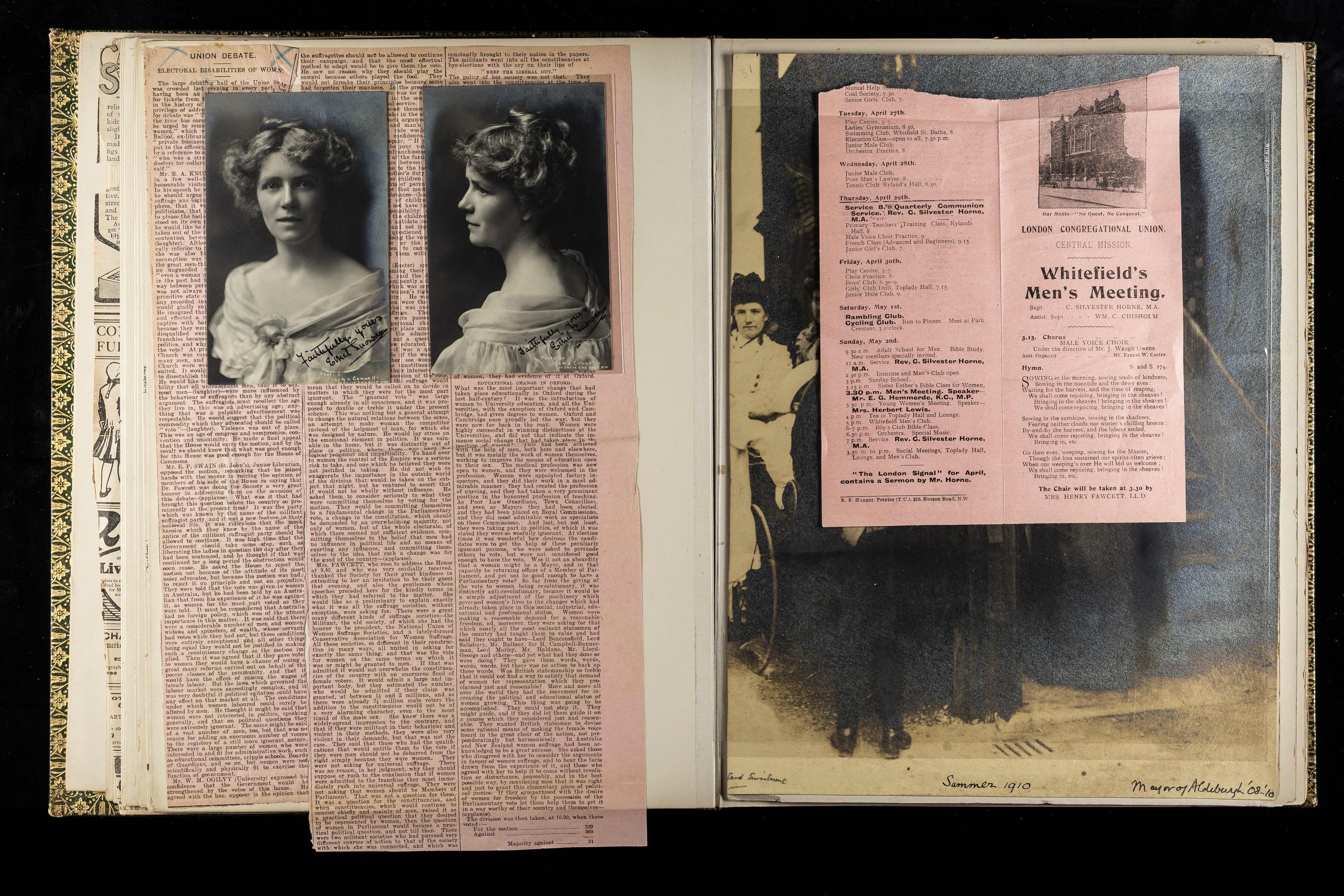 Photos and newspaper cuttings in a scrapbook.