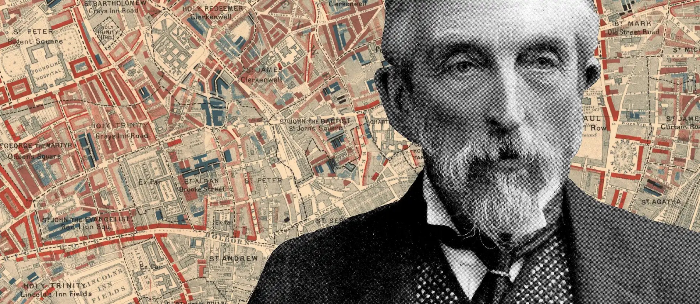 A portrait of Charles Booth with a colourful 'poverty map' as the background.