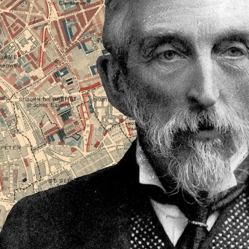 A portrait of Charles Booth with a colourful 'poverty map' as the background.