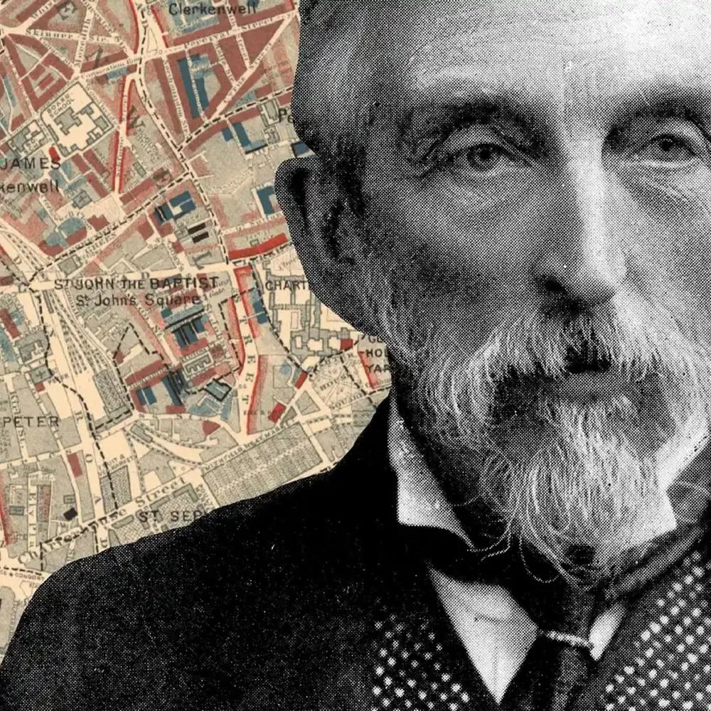 A portrait of Charles Booth with a colourful 'poverty map' as the background.