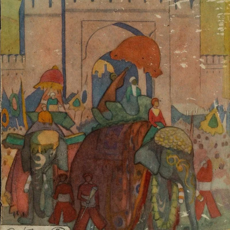 A colourful drawing of elephants and people in front of a city gate