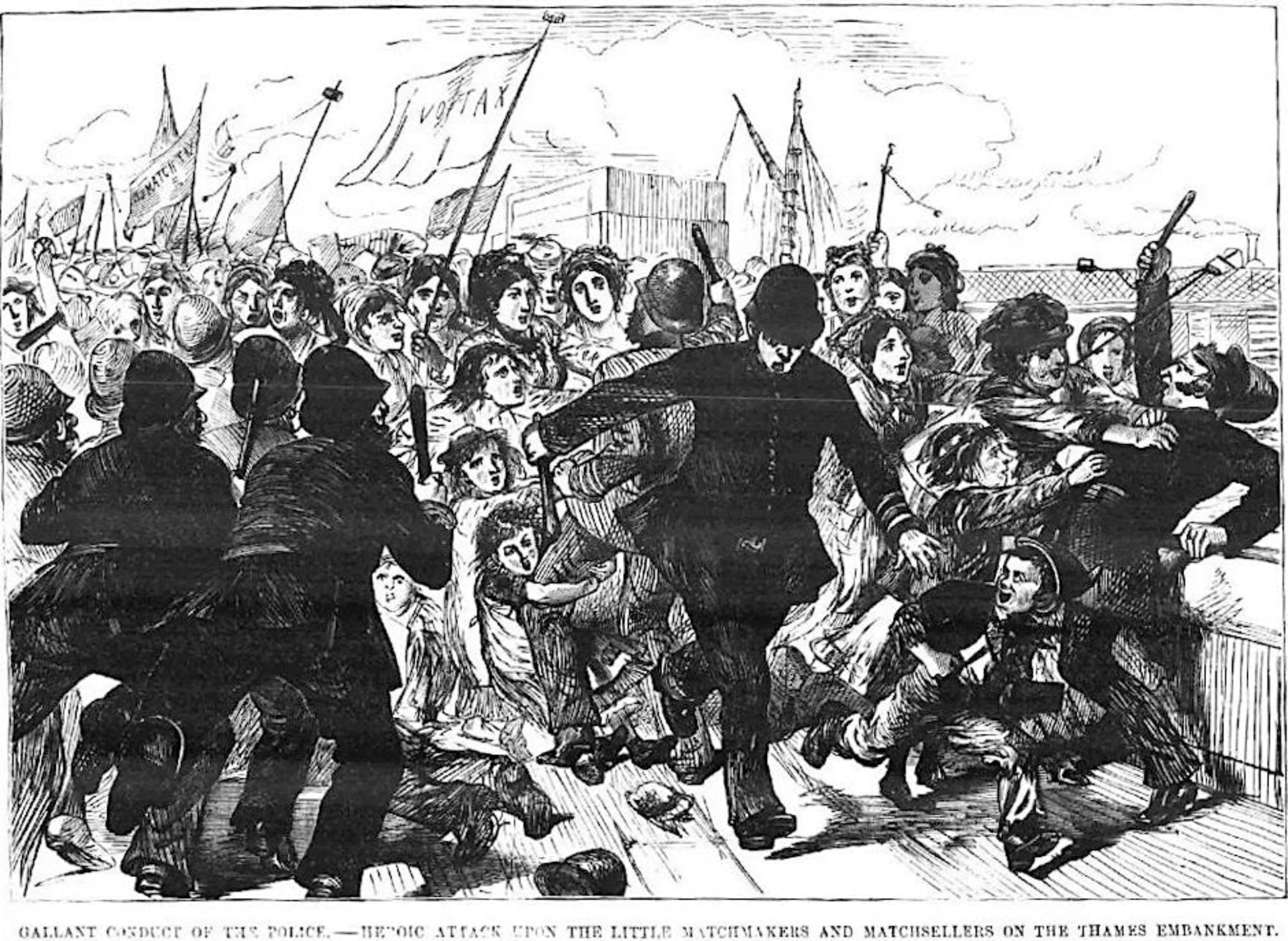 A cartoon of protestors and police