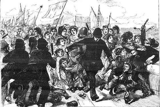 A cartoon of protestors and police