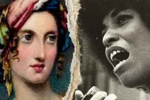 Two women from different historical periods collage with a paper rip between them.