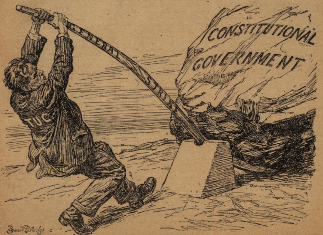 A cartoon of a man (the TUC) using a lever (a General Strike) to move a boulder (the government).