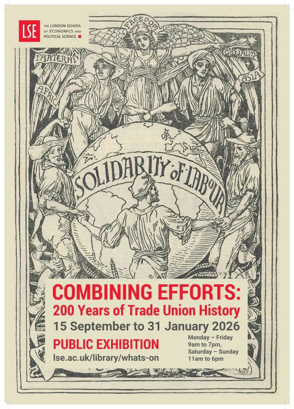 Lead poster for the exhibition. Includes people holding hands around a globe.
