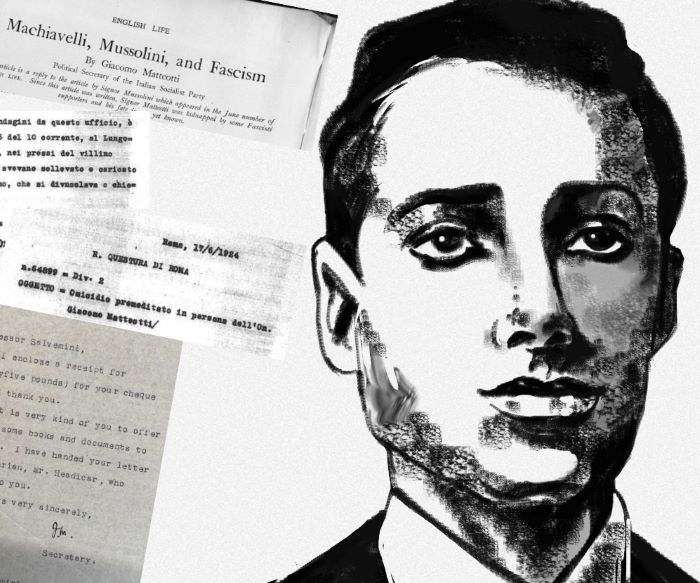 Docuents and a drawn portrait of Matteotti