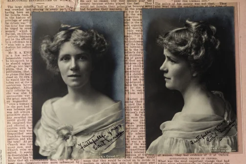 Two portrait photos on top of press cuttings.