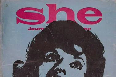 Front cover of She journal featuring a drawing of a woman's head.