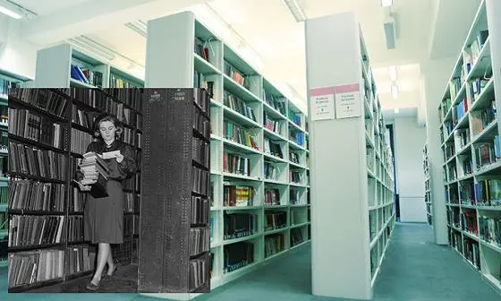 A black and white photo of a lady carrying books is merged with an image of LSE Library.