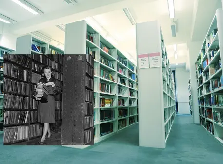 A black and white photo of a lady carrying books is merged with an image of LSE Library.