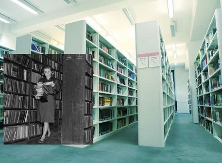 A black and white photo of a lady carrying books is merged with an image of LSE Library.