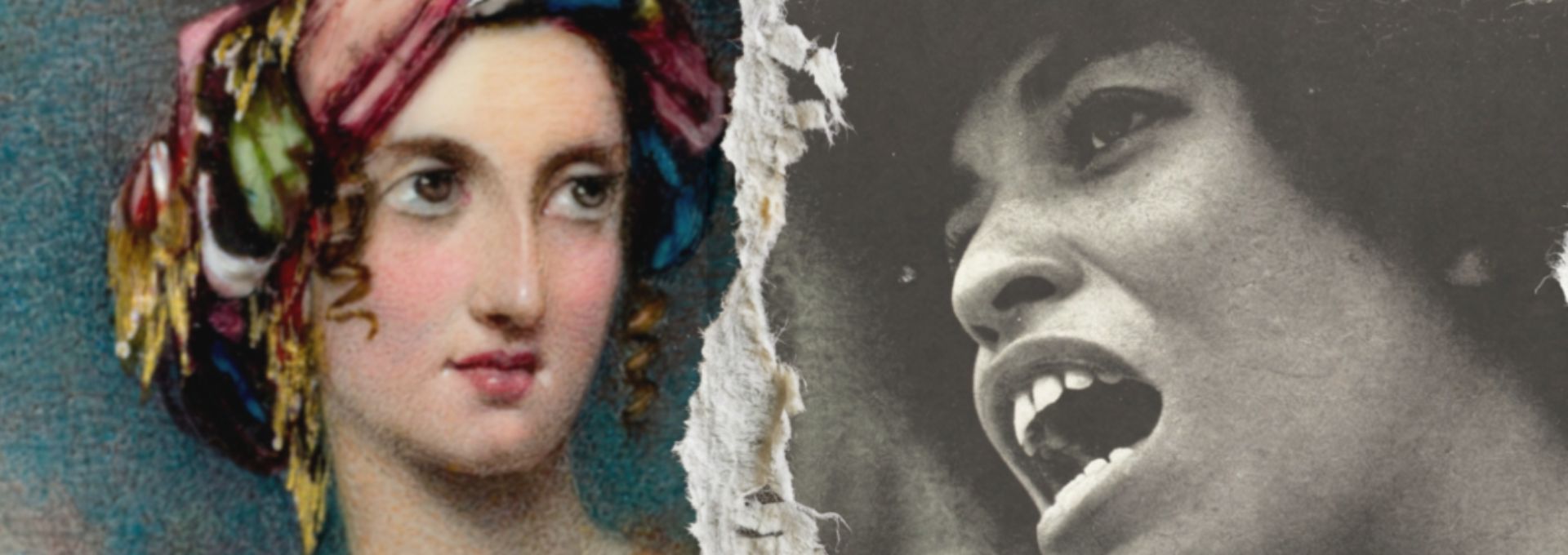 A graphic showing two women from different historical periods with a paper rip between them.