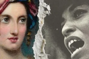 A graphic showing two women from different historical periods with a paper rip between them.