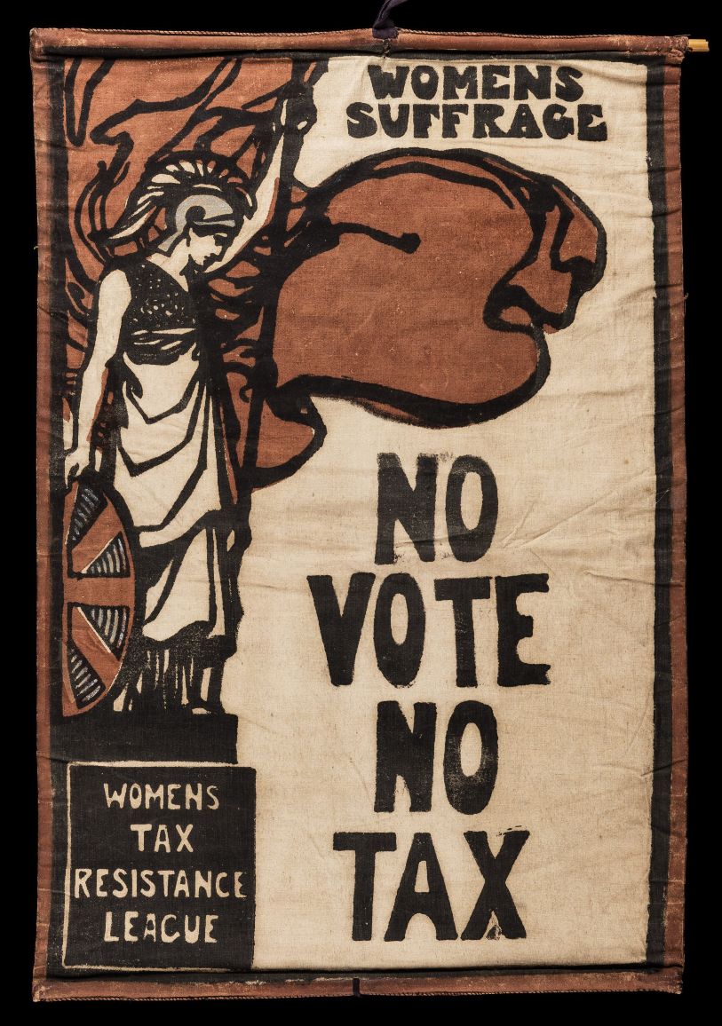 A banner including Britannia and words including NO VOTE NO TAX