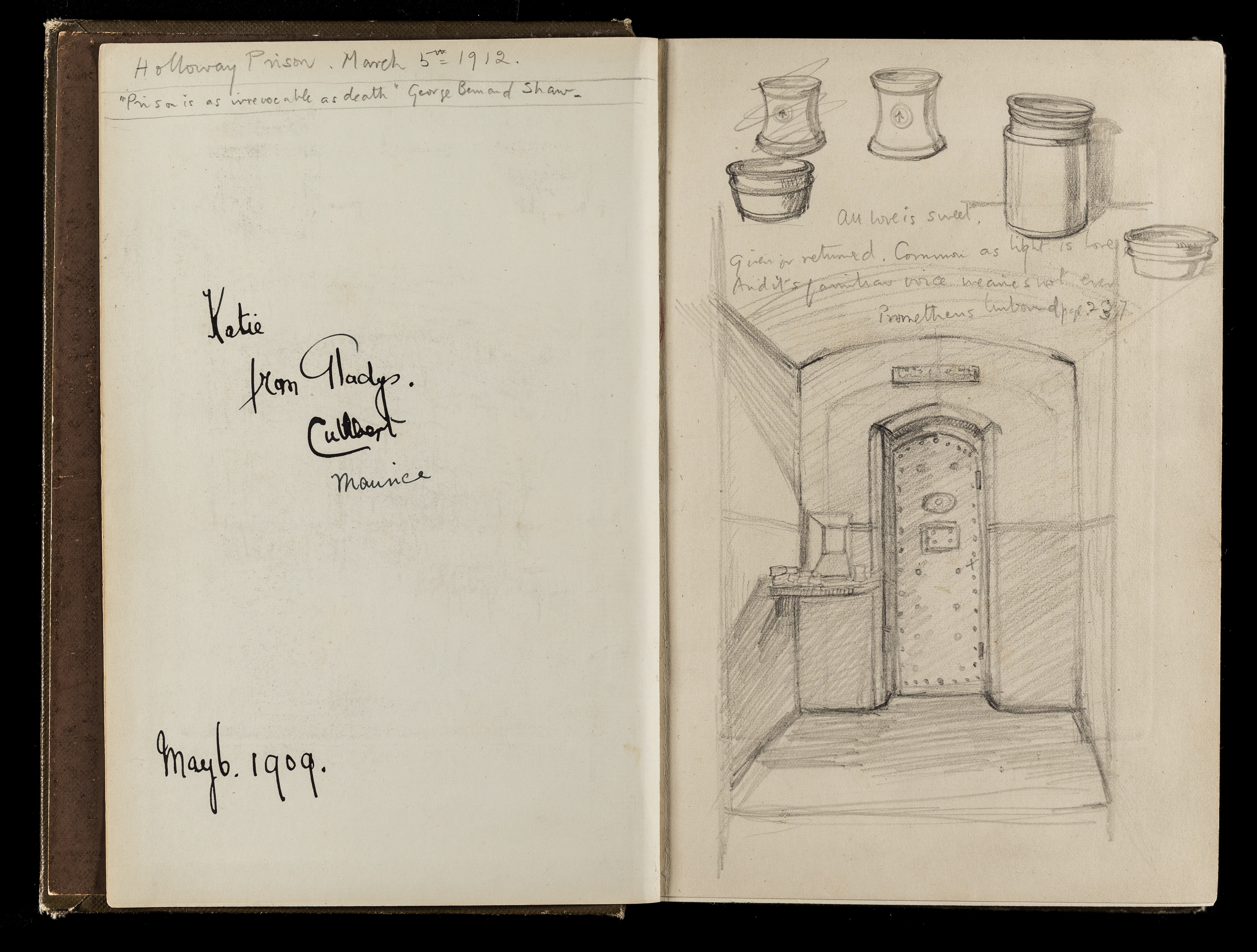 A page of a diary with a drawing of a prison door on