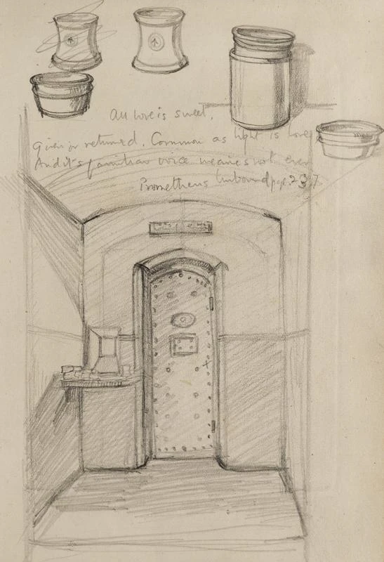 A page of a diary with a drawing of a prison door on