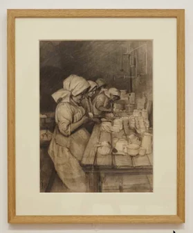 A framed picture called: In the Pot Bank: Sylvia Pankhurst’s drawing of women workers
