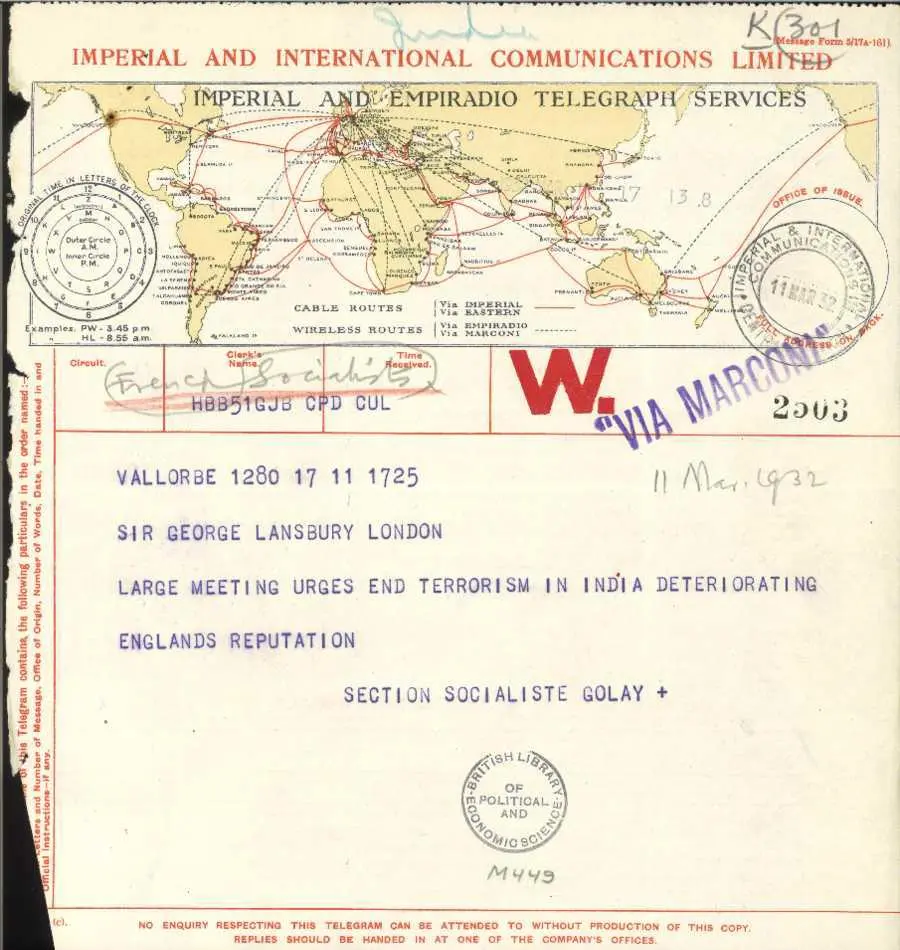 Telegram sent to George Lansbury, 1932, LSE Library LANSBURY/23