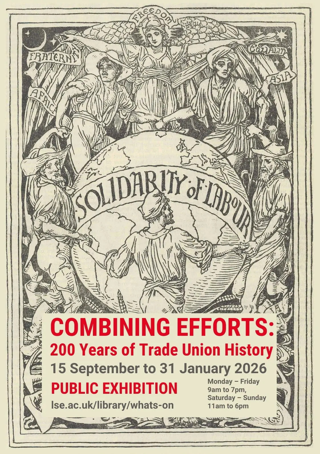 A poster advertising the Combining Efforts exhibition 15 September to 31 January