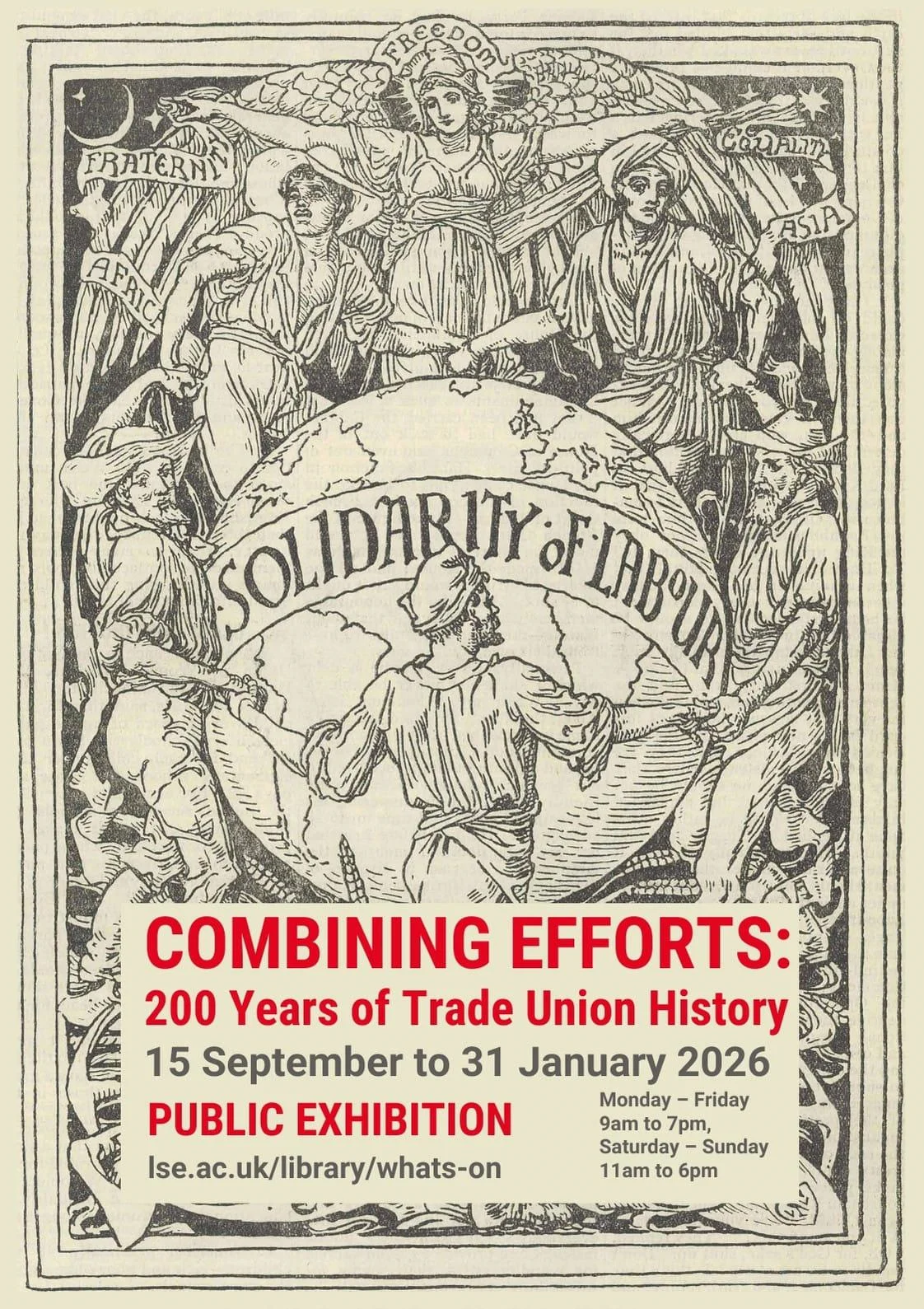 A poster advertising the Combining Efforts exhibition 15 September to 31 January